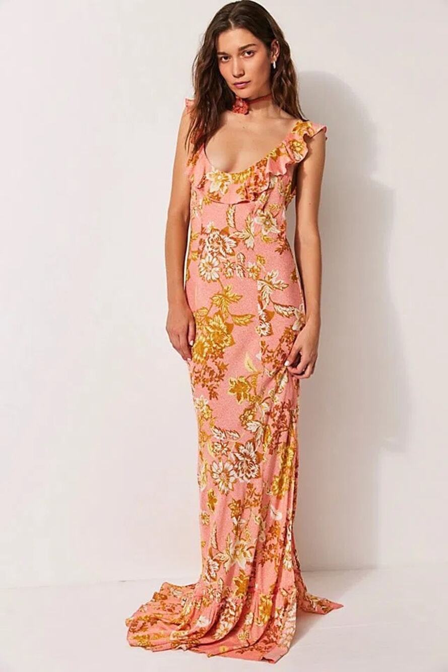 Free People Pink Floral Ruffle Maxi Dress